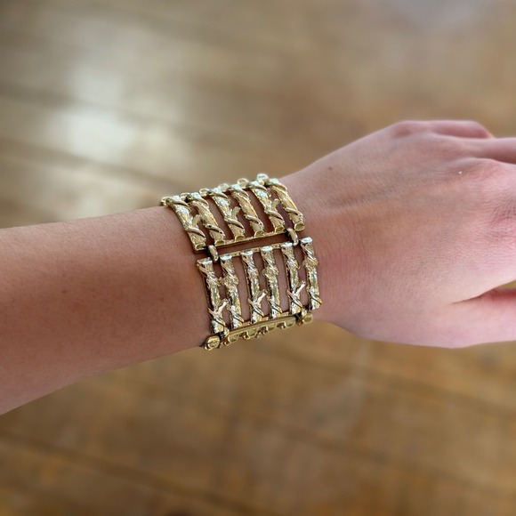 Coro Jewelry - Rare Vintage Coro Bracelet Gold Tone Textured Bark Finish Wide MCM Signed